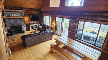 TV connectée, cheminée, lecteur de DVD, livres