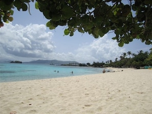 On the beach, sun-loungers, beach towels