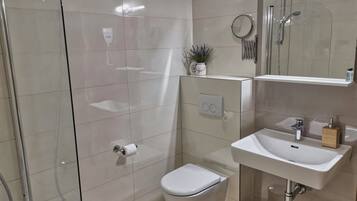 Hair dryer, towels, shampoo, toilet paper