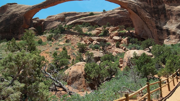 A natural rock arch formation with surrounding vegetation and a wooden fence.