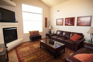 Televisie, een open haard, een dvd-speler en boeken