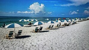 Une plage bordée de rangées de chaises de plage et de parasols, un rivage sablonneux et l’océan en toile de fond.