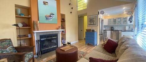 Smart TV, fireplace, DVD player, books