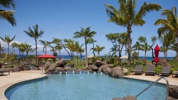 A pool with clear blue water, surrounded by rocks and palm trees, with a view of the ocean.