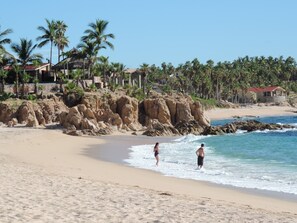 A beach with clear waters, palm trees, and rocky cliffs.
