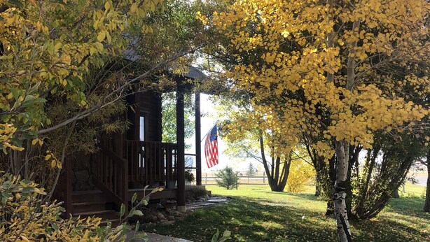 A wooden gazebo with a stone pathway leading to it, surrounded by trees with yellow leaves. - Johnson's Country Cabin - One price rents the entire home! (Afton)