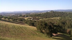 Paisaje rural con colinas onduladas, árboles dispersos y algunos edificios a lo lejos.