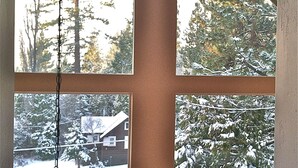 A four-pane window with a view of a snowy landscape, a house, and trees.