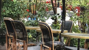 Mobilier d’extérieur en osier, avec une table en verre, le tout entouré de verdure.