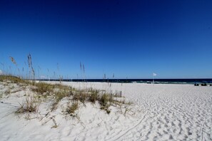 A beach with white sand, sparse vegetation, and a clear blue sky. - Beautiful White Sands-Emerald Waters Await Your Arrival (Orange Beach)