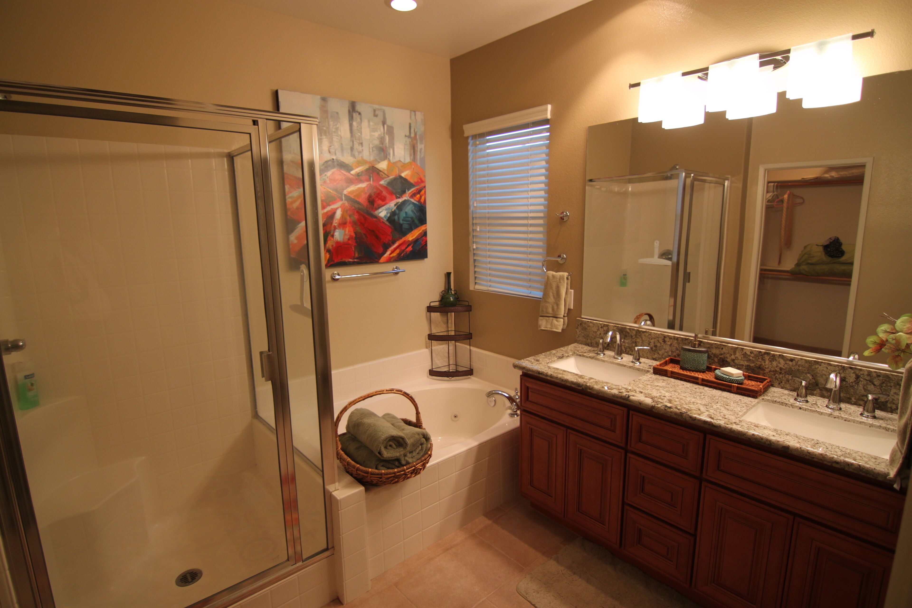 Large master bathroom with jetted tub and walk in shower.  Large walk in closet 