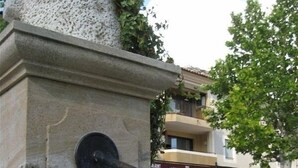 Una fuente de piedra con un caño, rodeada de un área empedrada y edificios al fondo.