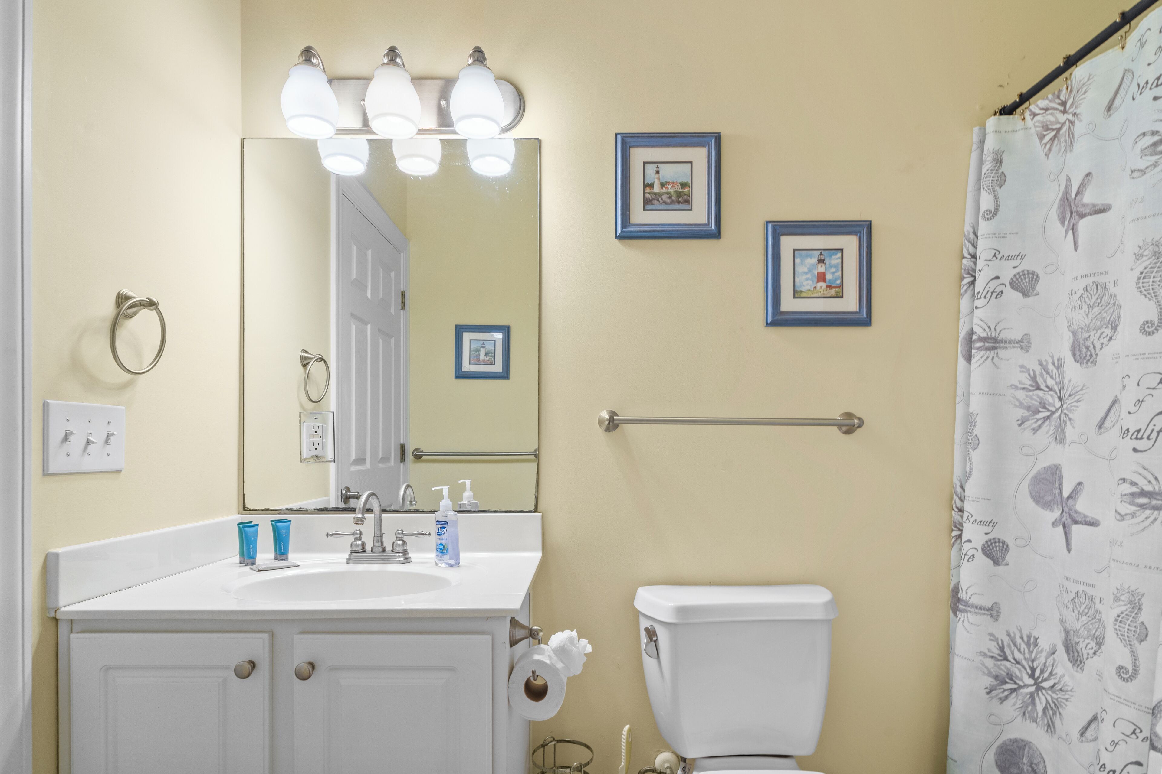 Une salle de bain avec un lavabo blanc, un miroir et des toilettes. Trois tableaux encadrés ornent le mur, ainsi qu’un porte-serviettes et un rideau de douche à motifs marins.