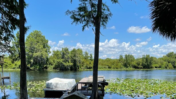 A wooden dock extending into a lake surrounded by lush greenery and trees. - Bass Fishing, Kayaking or just Relaxing From Your Own Private Home & Boat Dock  (Dunnellon)