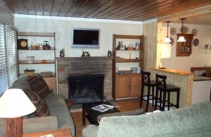 Télévision, cheminée, lecteur de DVD