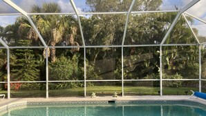 A clear view of a swimming pool with a glass enclosure, surrounded by lush greenery and a stone border. - Peaceful Florida Retreat...Spacious 3BR/3BA Private Pool Home (Bonita Springs)