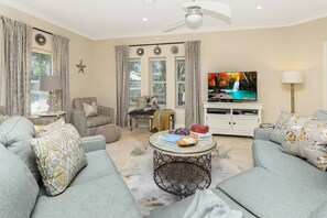 Smart TV, DVD player, books, video library