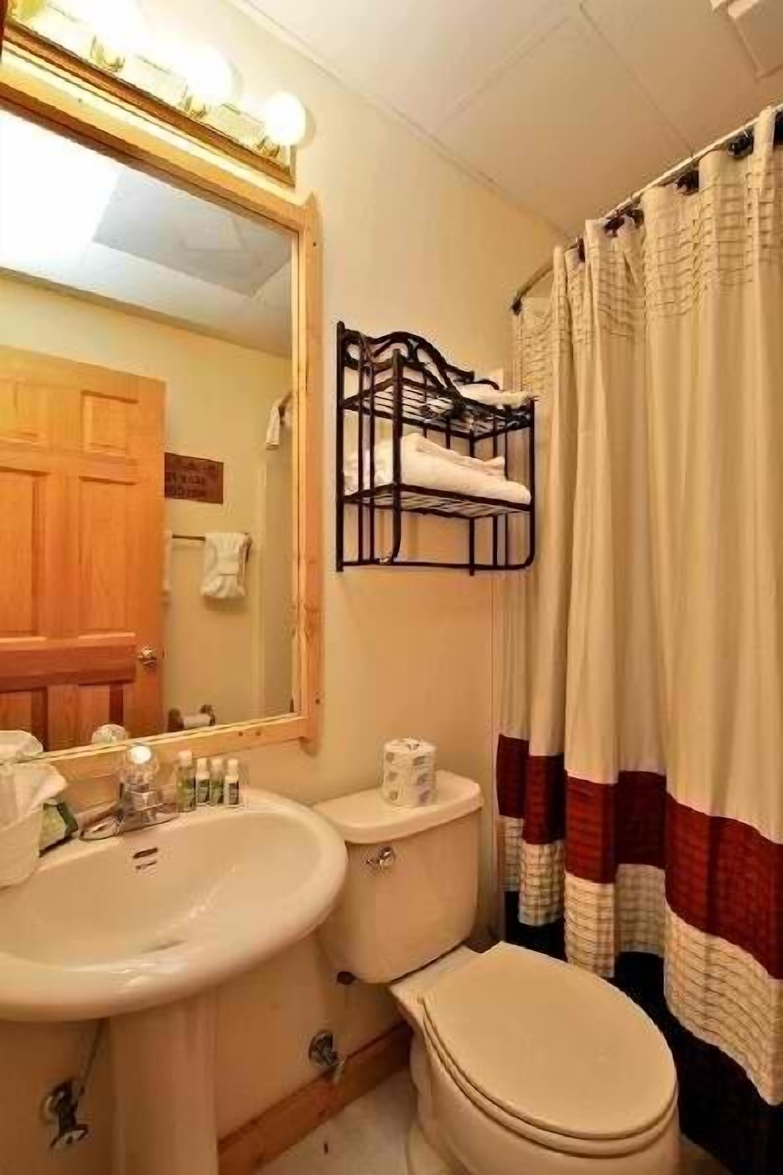 A bathroom with a sink, toilet, and a mirror. There is a towel rack above the toilet and a shower curtain.