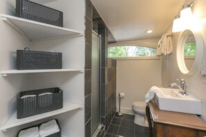 Shower, hair dryer, towels, soap