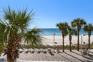 On the beach, sun loungers