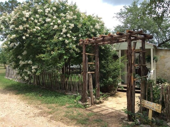A rustic wooden arbor with a ladder, surrounded by lush greenery and flowering trees.