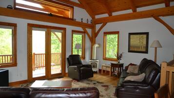 TV connectée, cheminée, lecteur de DVD, livres