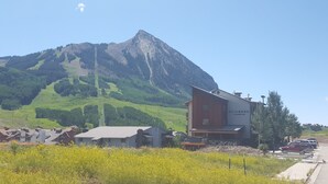 A building with a sign reading "TIMBERS 20 MARCELLINA" in a mountainous area with green fields and a parking lot. - Top Floor Timbers Condo in Mt. Crested Butte (Crested Butte)