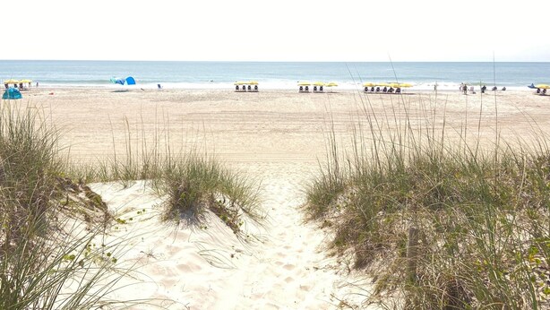 A sandy beach with tents and umbrellas, a clear sky, and a calm sea. - Oceanfront 2BR/2Bath Condo in Carolina Beach NC  (Carolina Beach)