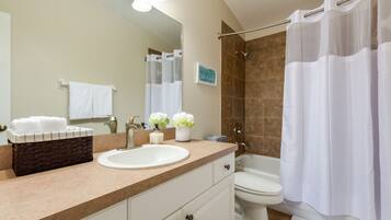 Combined shower/tub, hair dryer, towels