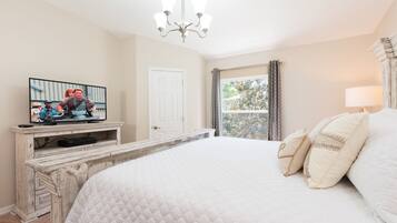 4 bedrooms, memory foam beds, desk, iron/ironing board