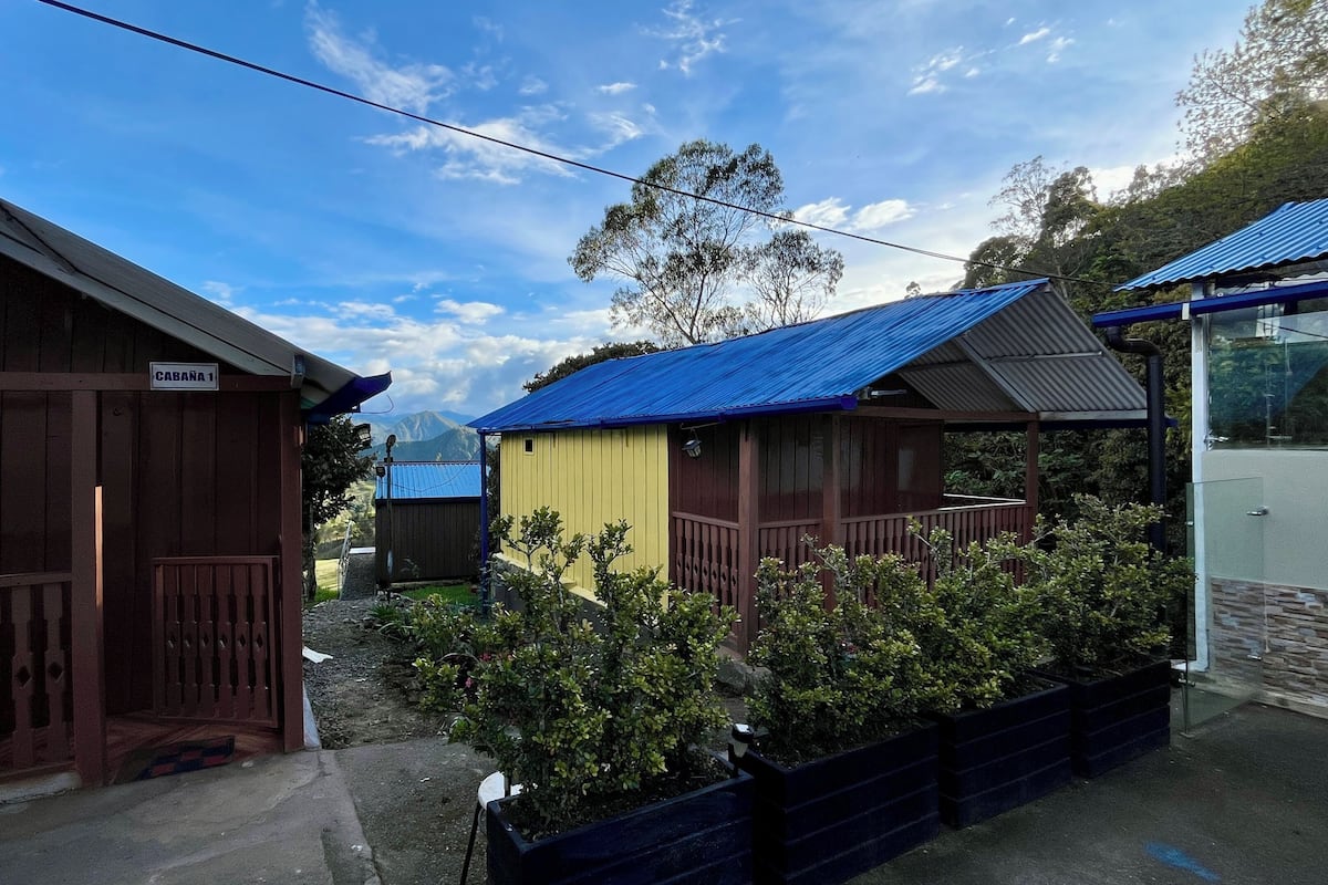 A row of cabins with wooden exteriors and blue roofs, surrounded by greenery.
