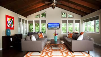 Smart-TV, Kamin, Tischfußball, Musikbibliothek