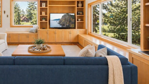 A modern living room with a blue sofa, wooden cabinets, a television, and large windows. - Family Favorite! Treehouse,Huge Yard,Firepit & EV Charger.Walk to town & beach (Nehalem)
