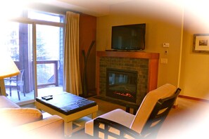 Fernseher, Kamin, DVD-Player, Bücher