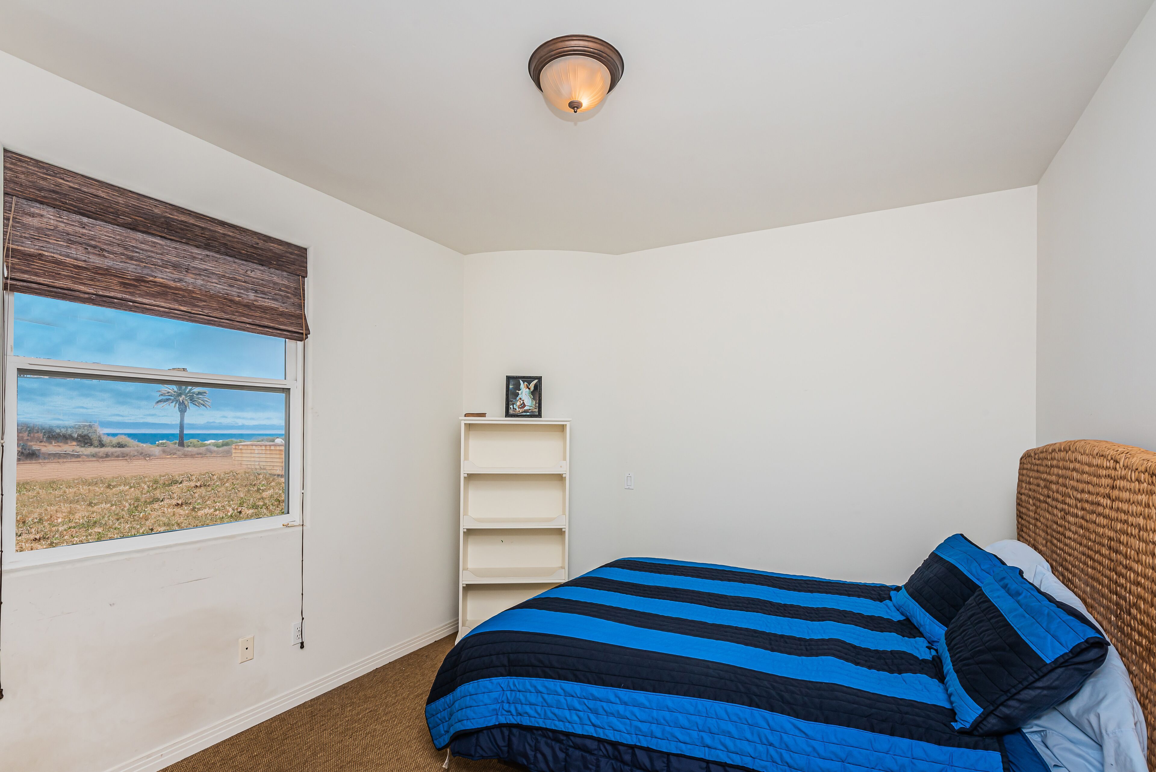 Una camera da letto con un letto, una finestra vista, uno scaffale e una luce a soffitto.