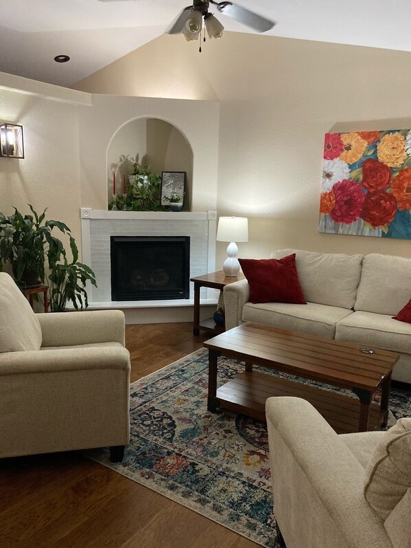 TV, fireplace, DVD player, books