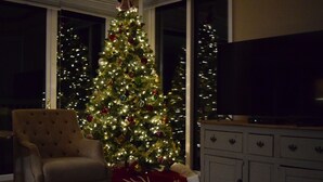 Una sala de estar con un árbol de Navidad, un televisor y un mueble.