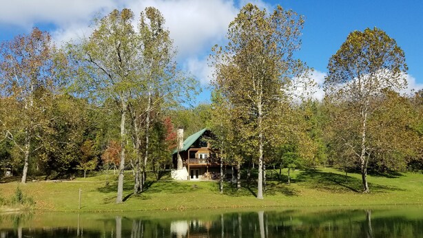 Uma cabana com telhado verde, rodeada por árvores e um lago.