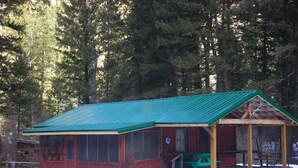 A cabin with a green roof, a porch, and a snow-covered ground.