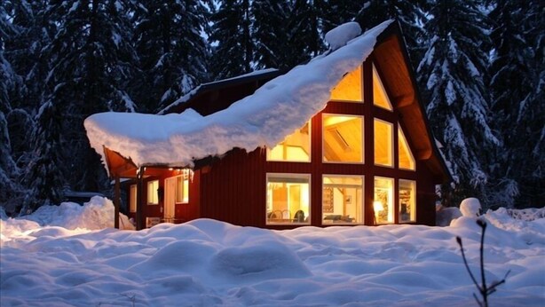 Une cabane en bois dotée de grandes fenêtres, entourée d’arbres couverts de neige.