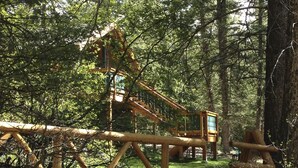 A wooden deck with a staircase leading to a cabin in a forest.