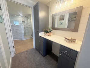 A bathroom with a shower, a sink with a mirror, and a small plant on the counter.