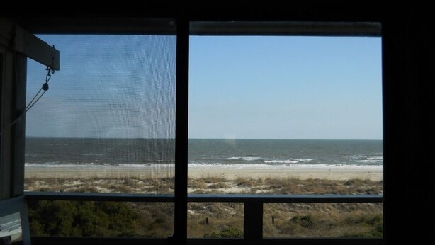 A view through a window with a mesh screen, overlooking a beach with sand and sparse vegetation.
