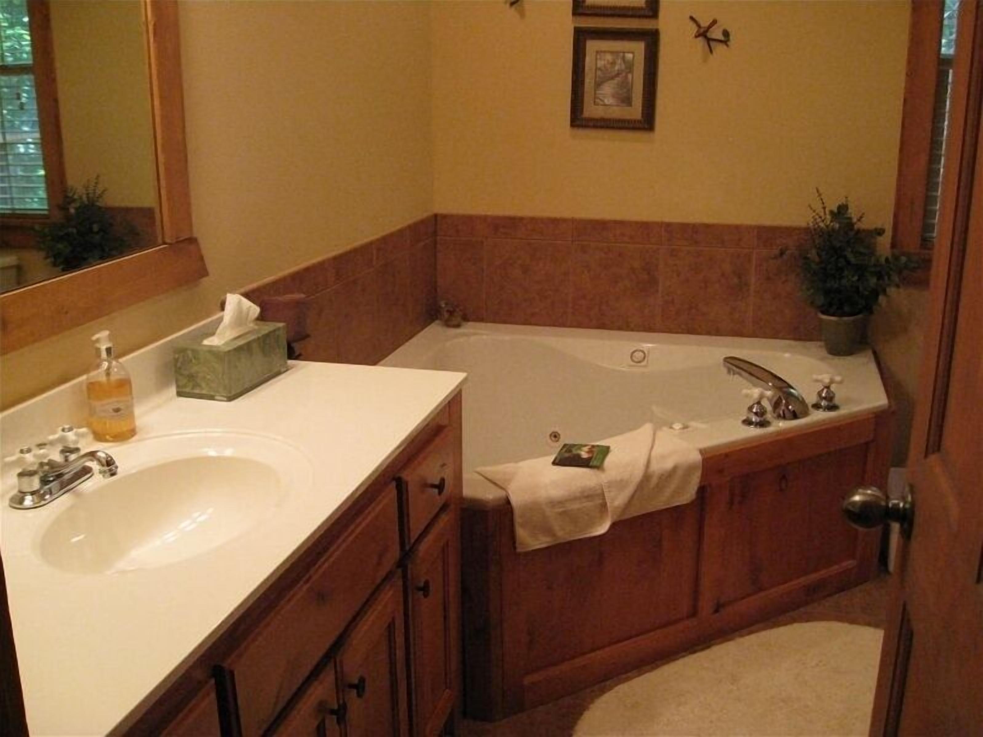A bathroom with a sink, vanity, bathtub, and a mirror.