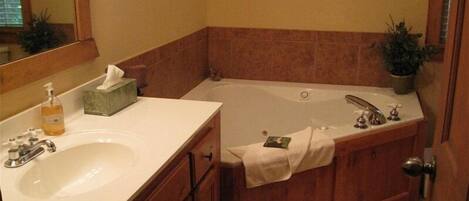 A bathroom with a sink, vanity, bathtub, and a mirror.