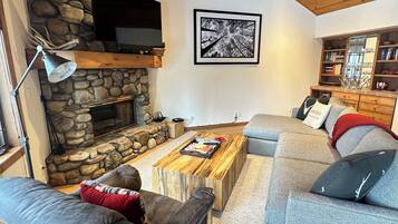 Una televisión, una chimenea, un reproductor de DVD, libros
