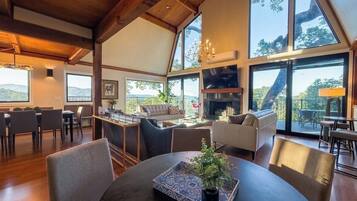 Smart TV, fireplace, books