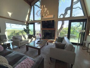 Smart TV, fireplace, books