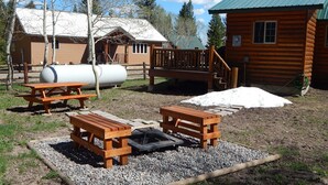 En rustik stuga med ett grönt tak, en träveranda och picknickbord.
