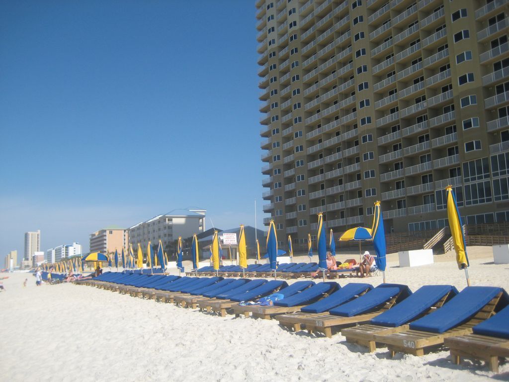 A beach with rows of blue lounge chairs and yellow umbrellas, a tall building in the background, and a clear sky.
